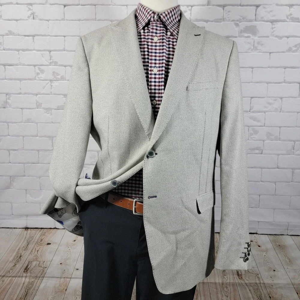 Maceoo Men's Blazer Bethoven Grid White Two Button Checked Poly Blend Size 48L